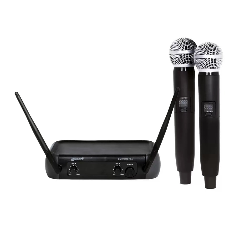 Microfone Lexsen LM258U PLL Sem Fio Duplo de Mão Multi Frequência UHF 