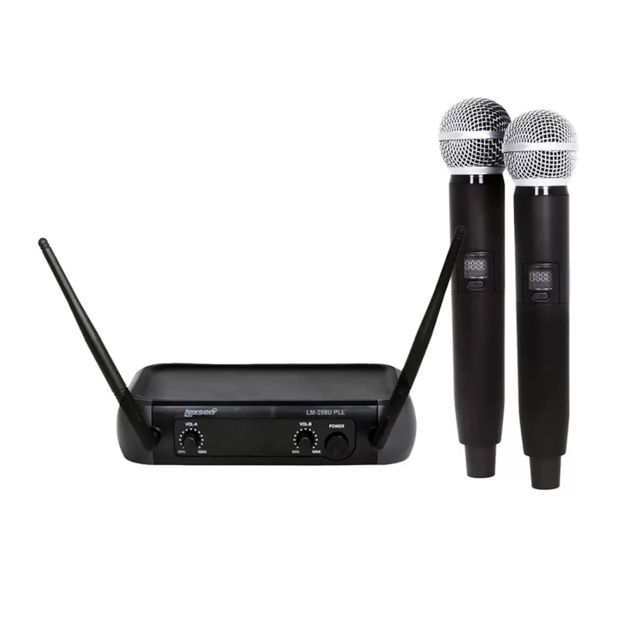 Microfone Lexsen LM258U PLL Sem Fio Duplo de Mão Multi Frequência UHF  Microfone Lexsen LM258U PLL Sem Fio Duplo de Mão Multi Frequência UHF