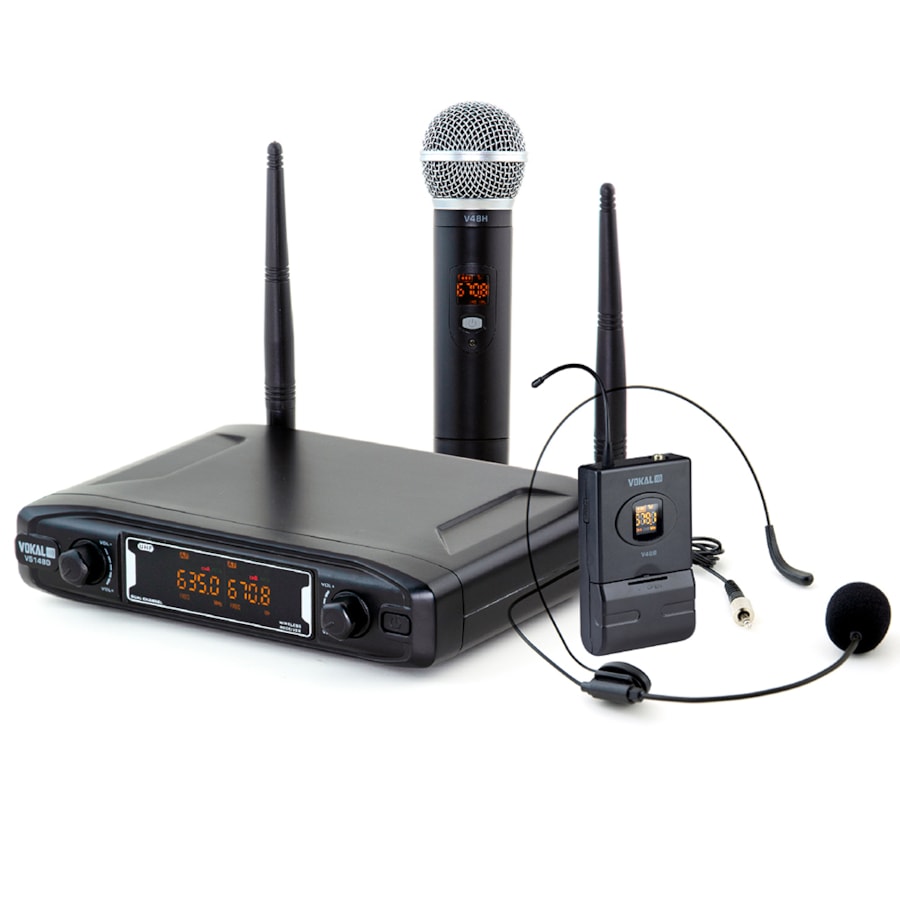 Microfone Sem Fio Vokal VS148DMH Duplo Mão e Headset