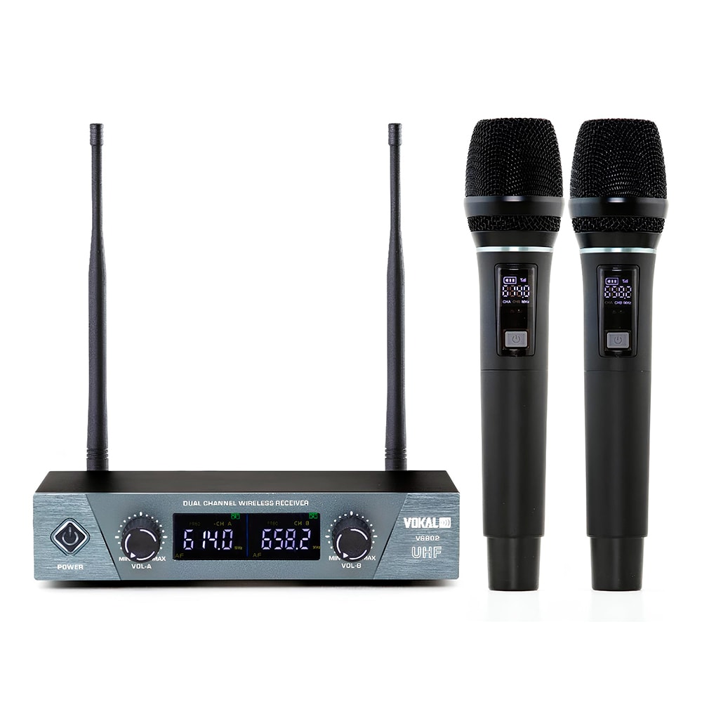 Microfone Sem Fio Vokal VS802M Duplo De Mão Recarregável