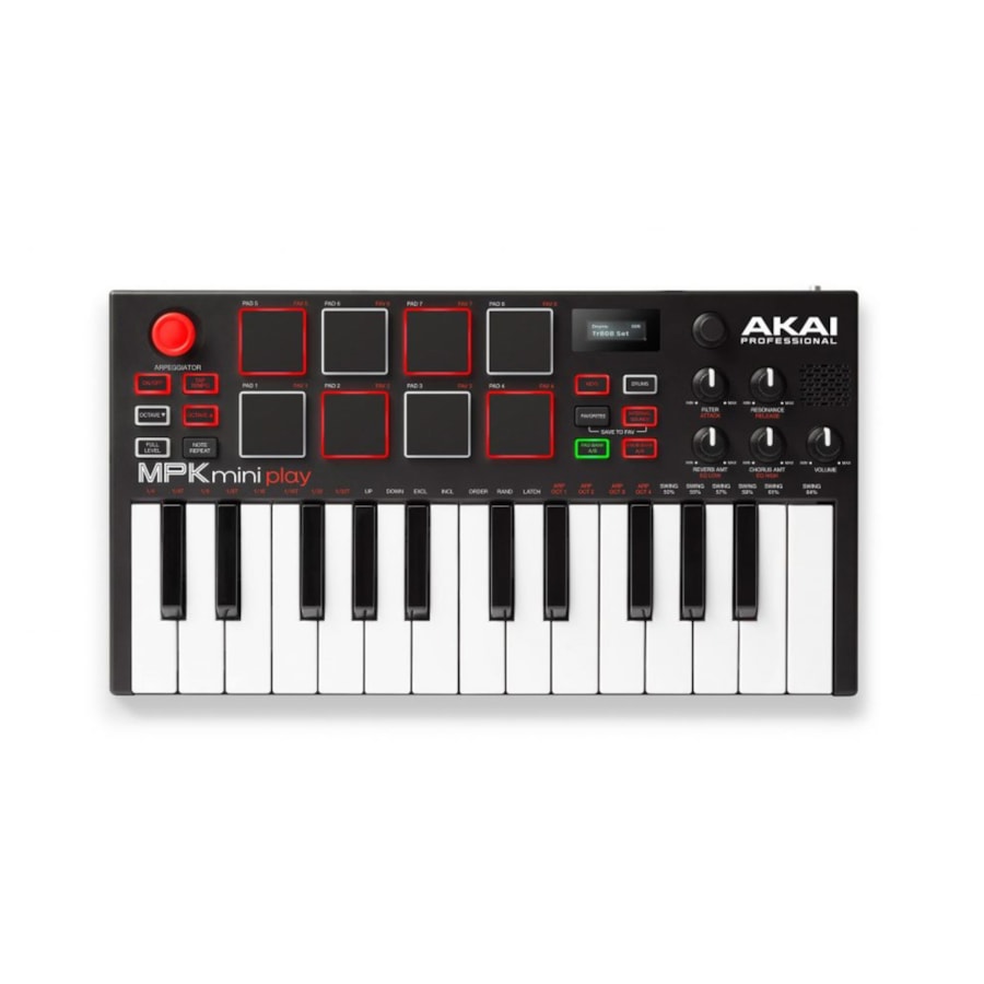 Teclado AKAI - MPK Mini Play de 25 teclas e 8 pads Controlador 